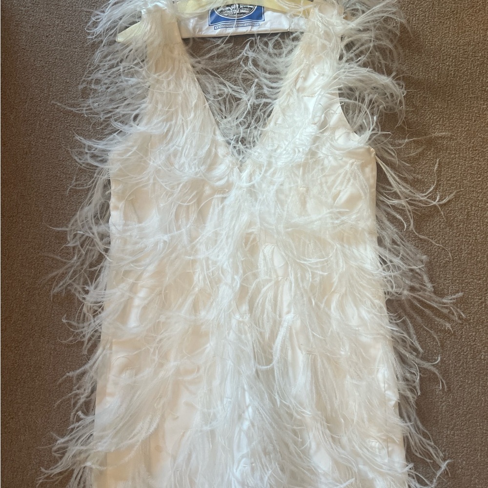 LAMARQUE White Ostrich Feathered V-Neck Dress